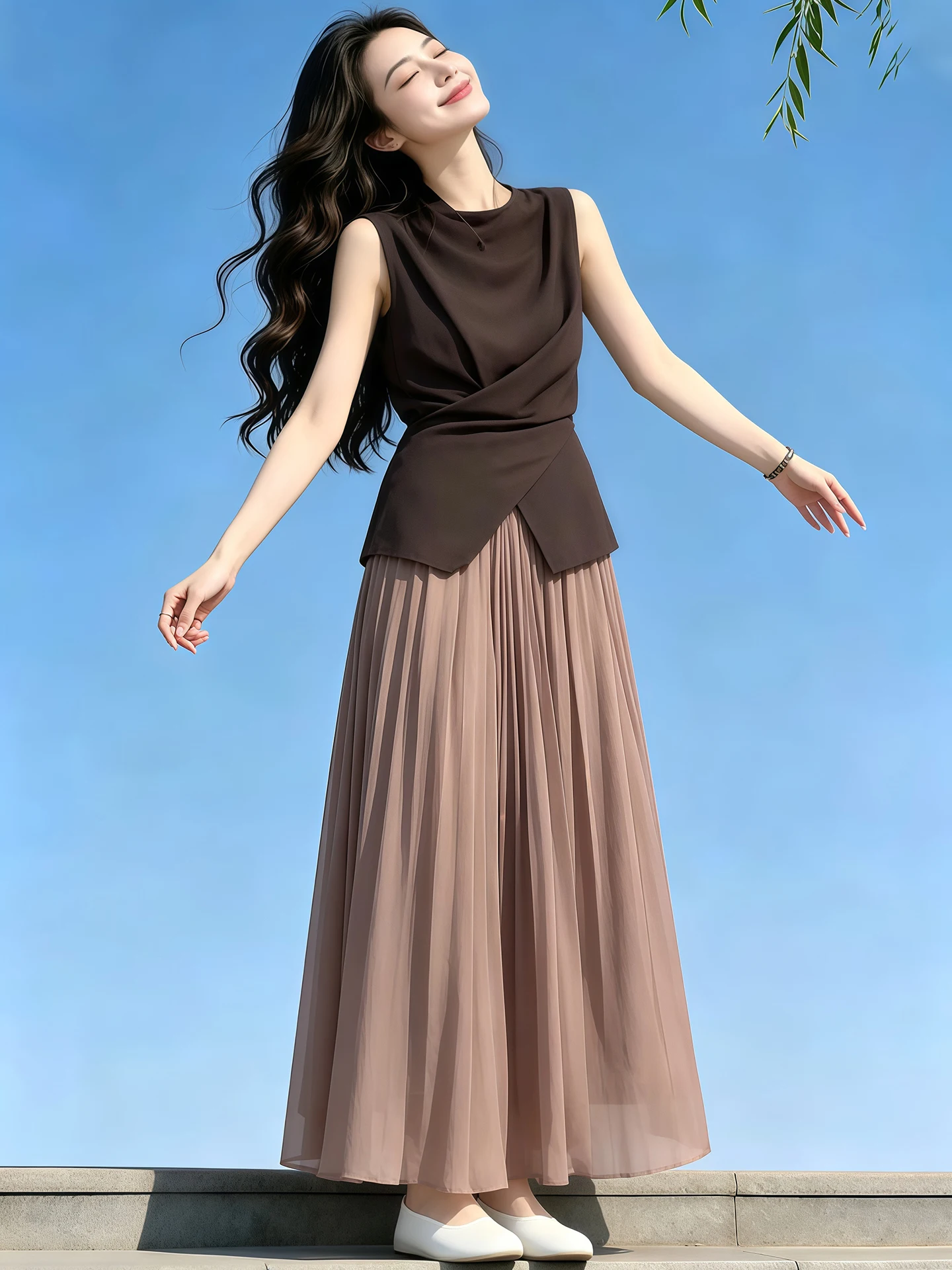 

Summer 2026 Fashion Casual Women's Two-Piece Set High Waist Skirt Asymmetrical Top High Waist Elegant Midi Skirt Ensemble