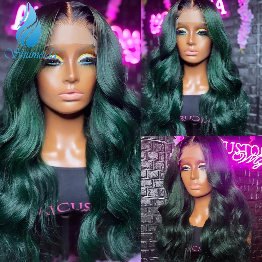 

Shumeida Ombre Green Color 13x6 Lace Front Wigs Brazilian Remy Human Hair Gluelss Wigs for Women PrePlucked Hairline Baby Hair