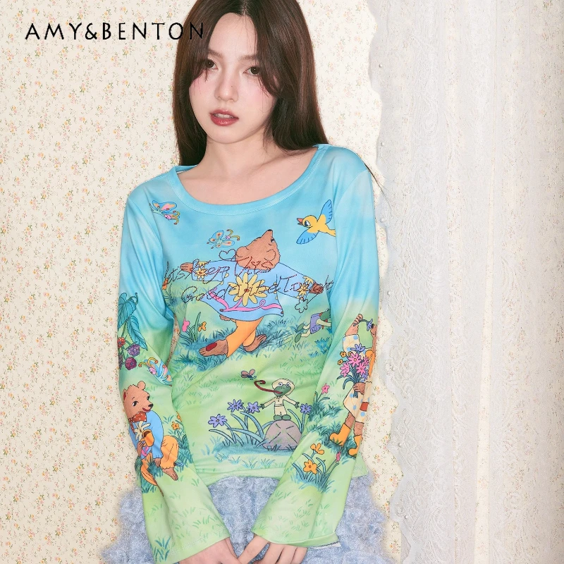 

Осенняя новая сине-зеленая женская нижняя рубашка со стразами и буквенным принтом в японском стиле, эластичная футболка с длинными рукавами, женская футболка