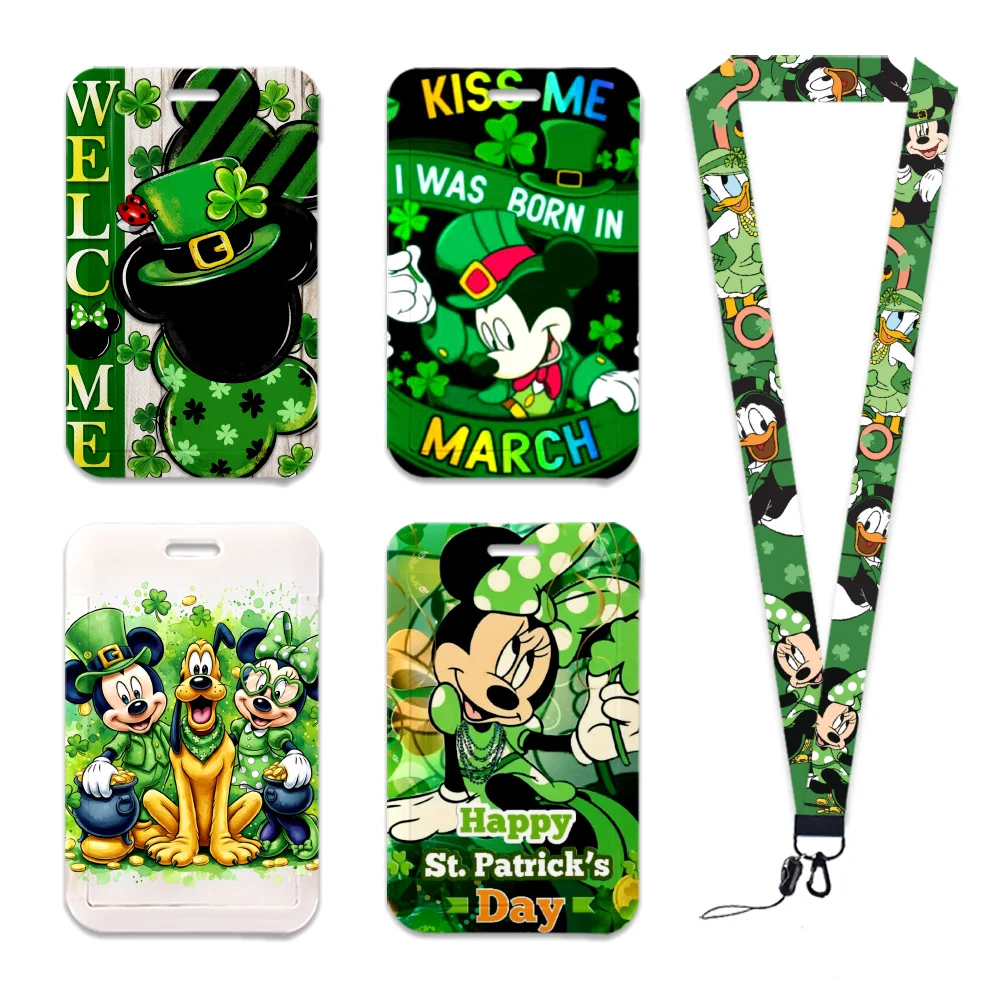 

Держатель для карт и бейджей с Микки Маусом Disney ко Дню Святого Патрика, персонализированный, для проездного и кредитных карт, с цепочкой и подвеской