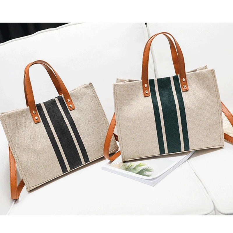 

Корейская женская холщовая сумка-тоут в стиле Ins, большая вместительная сумка для офиса и поездок на работу, женская простая черная полосатая сумка через плечо