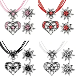 Fashionable Heart Pendant Necklace Edelweiss Earrings Set for Women Ribbon Cord Choker Oktoberfest Party Banquets Jewelry