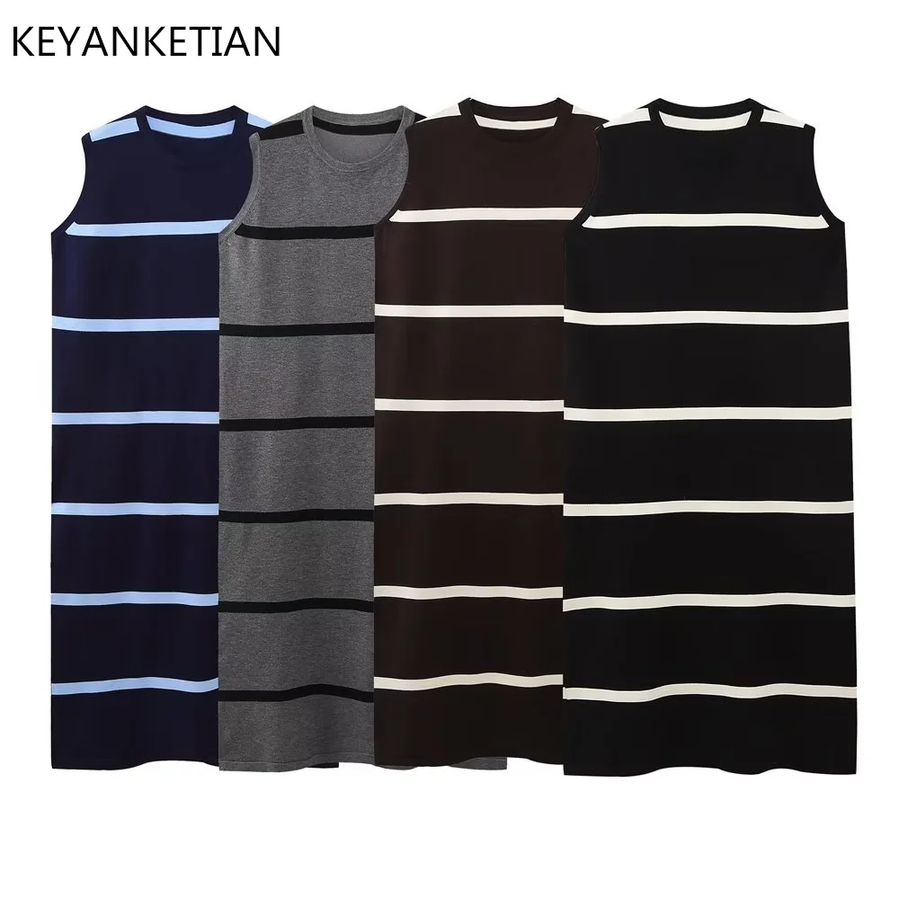 

KEYANKETIAN Summer New Classic Horizontal Stripes Matching Color Crewneck Sleeveless Knitted Dress Straight Sundress MIDI Skirt