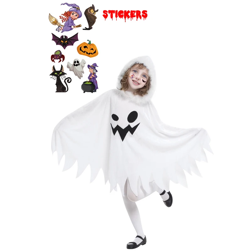 Halloween White Ghost Costume Cloak with Hood for Girls Children Elf Princess Cosplay Carnival Party Costumes