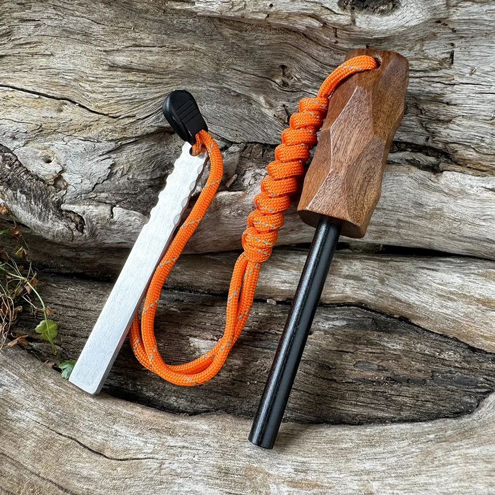 

Outdoor Solid Magnesium Rod Solid Wood Handle Rod EDC Wilderness Survival Stone with Scraper Convenient Camping Tool
