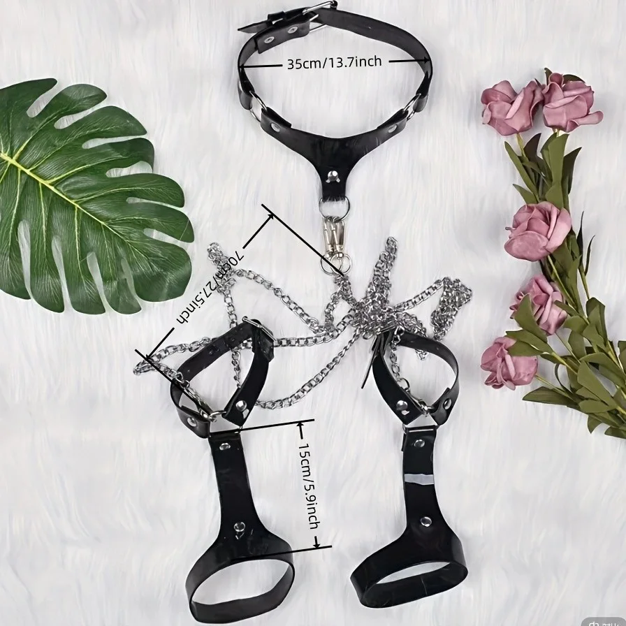 متعة الموضة مثير الاتجاه الأسود الجلود سلسلة معدنية عبودية طوق الرقبة أصفاد الكمامات والأوهام أدوات مثيرة للأزواج