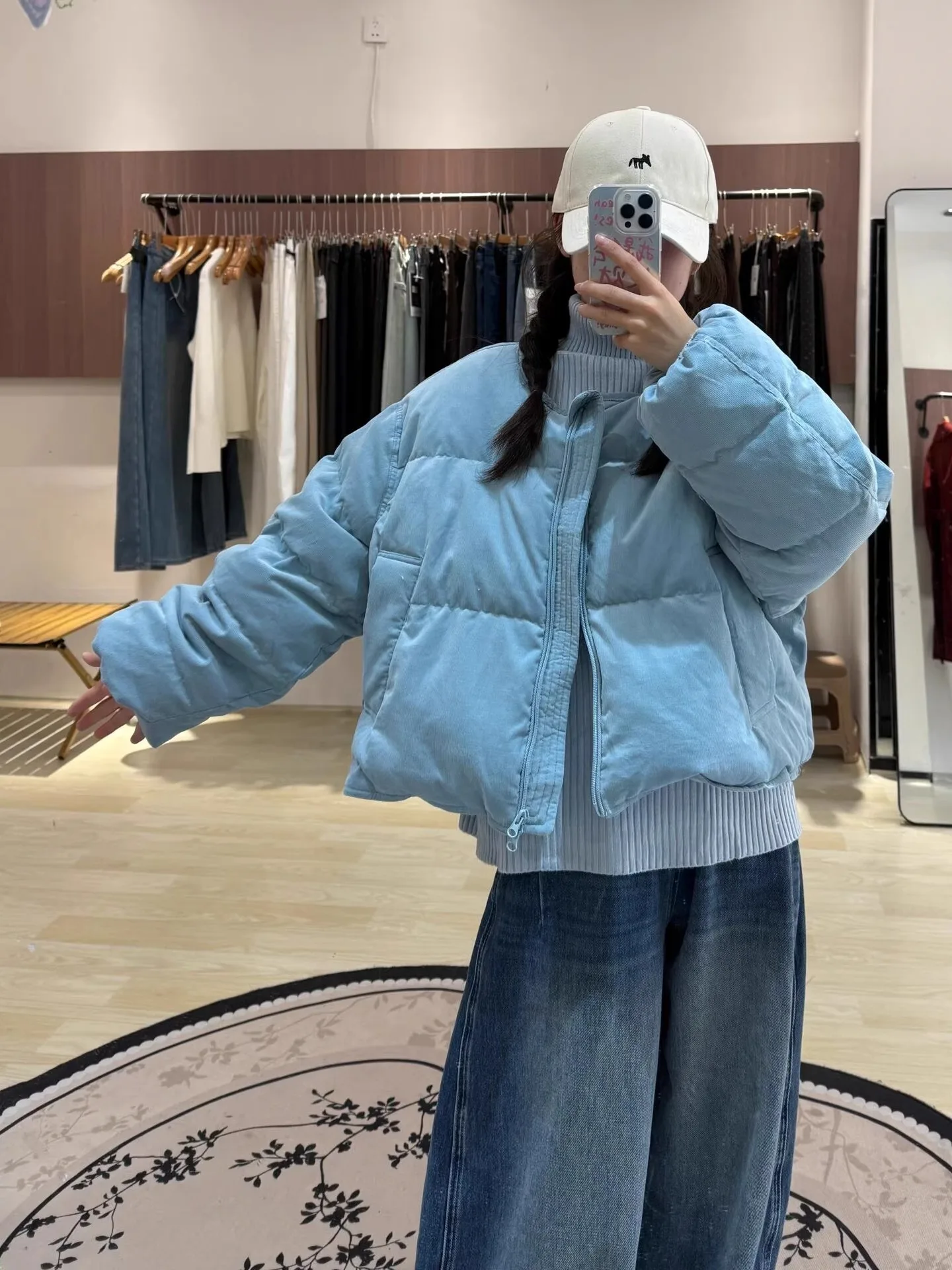 

Ice Blue round Neck Long Sleeve Cotton Jacket Women Winter Short Casual Commute Thick Warm Bread Style Outerwear Coat