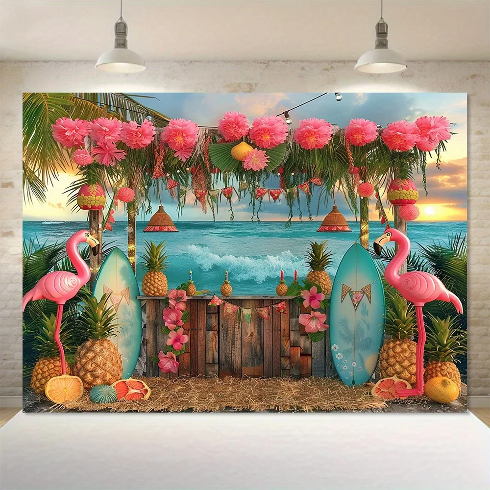 Tropical Beach Party Banner - Colorful Palm Leaves, Flower and Flamingo Design, Beach Theme Decoration
