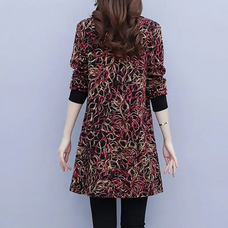 Autumn and Winter Women\'s Half High Neck Long Sleeve Loose Panel Printed Bottom Plus Size Fashion Casual Office Lady Dress