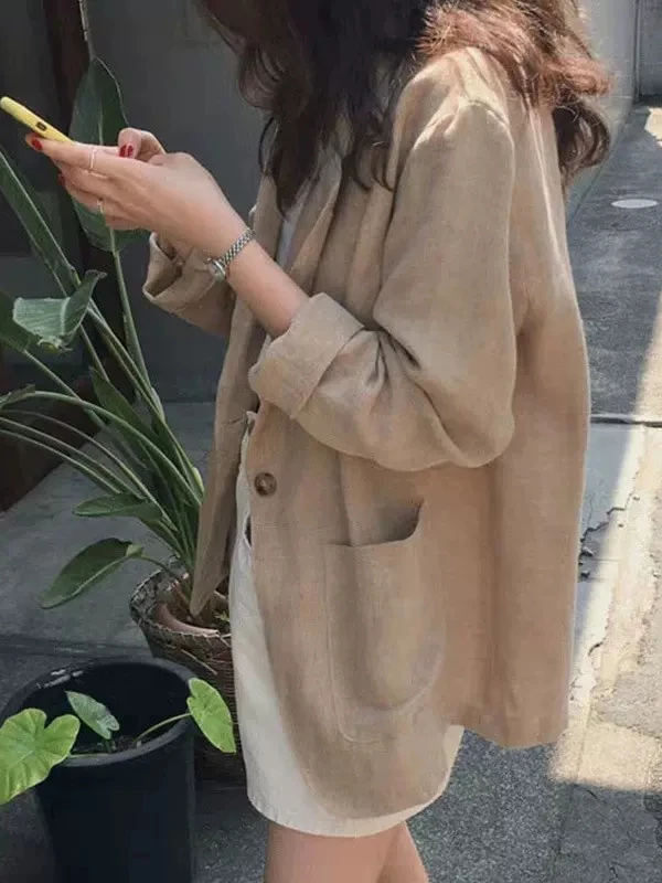 

Loose Fit Summer New Style Women's Cotton Linen Jacket Thin Outerwear Long Sleeve Classic Collar One Button Closure Color