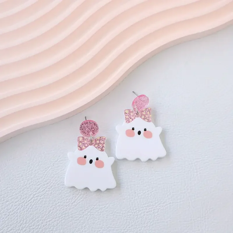 Charming Pink Bow Ghost Acrylic Earrings For Women Cute And Fun Halloween Party Accessory Perfect Gift Halloween Jewelry