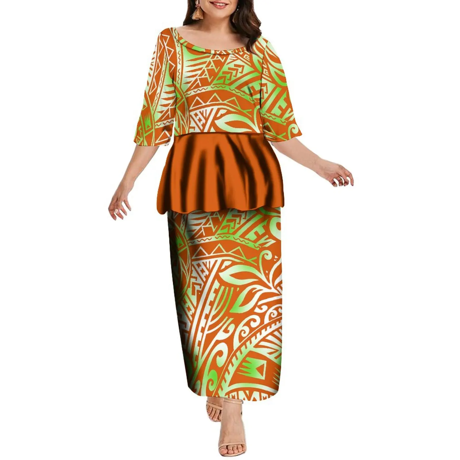 Women'S Fashion Women'S Mid-Sleeve Dress puletasi Two-Piece Samoan Dress Polynesian Tribe Custom Maxi Dress