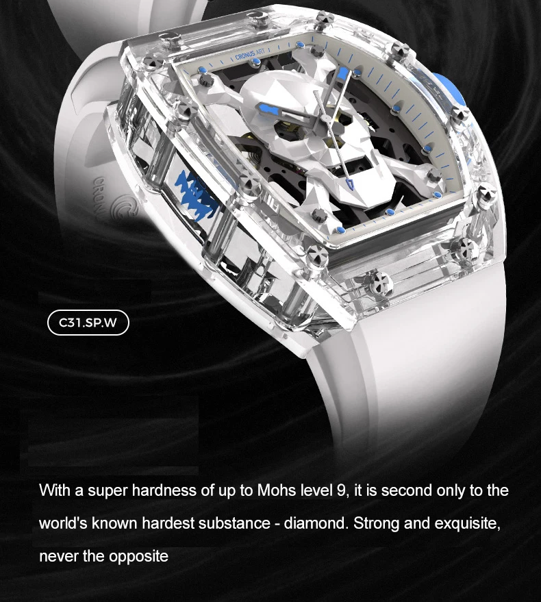 Cronusart-機械式腕時計,発光フルオロラバーストラップ,サファイアケース,自動サファイア,トノーケース,スケルトンダイヤル,50mm x 42mm