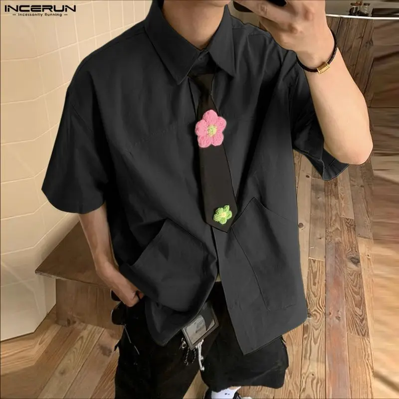 

INCERUN Мужская рубашка с цветочным принтом в стиле пэчворк, с лацканами и короткими рукавами, мужская одежда, уличная одежда, большие размеры, модные мужские рубашки в корейском стиле