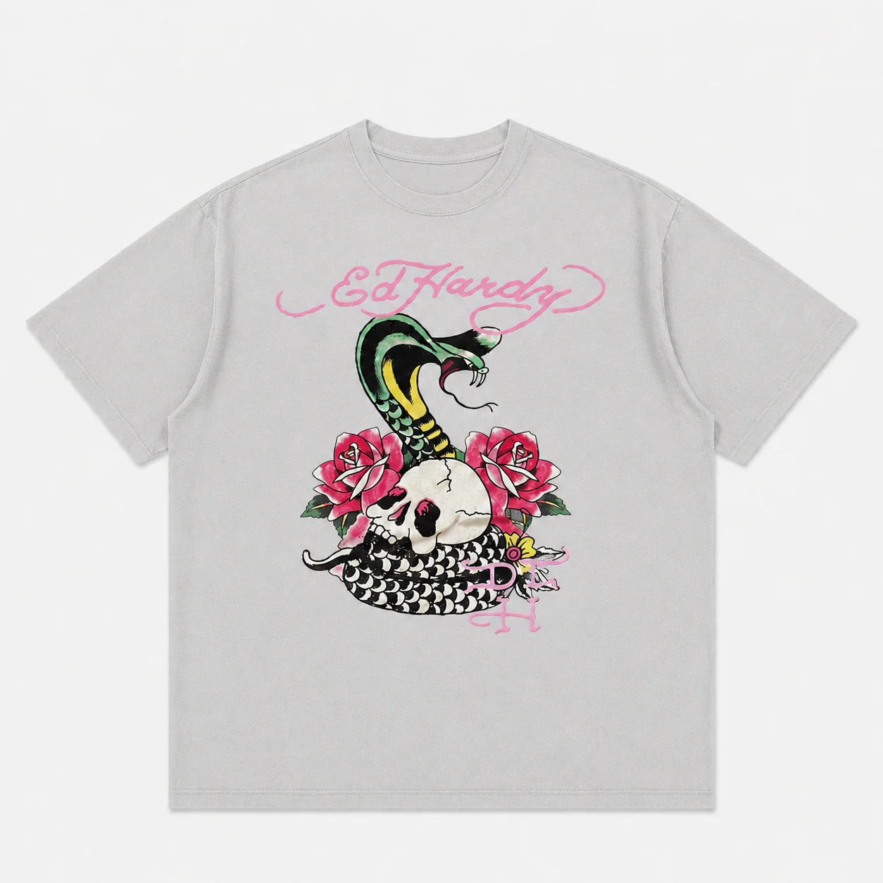 Ed Hardy Schlangenschädel-Rosen-Tattoo-Print T-Shirt Unisex Locker Geschnitten Übergroß Harajuku Streetwear Baumwolle Sommer Grafik Herren T-Shirts – Detail 5