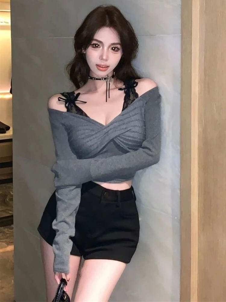 Camisetas Y2k de encaje de retales estéticos para mujer, camisetas de manga larga Grunge con agradable arco picante, ropa de calle recortada, camisetas ajustadas