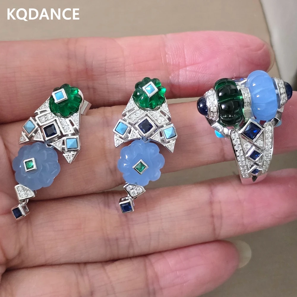 

KQDANCE, однотонные серьги и кольца из серебра 925 пробы с гравировкой, цветные драгоценные камни Tutti Frutti, большие зеленые, светло-голубые камни, комплекты ювелирных изделий с фруктами
