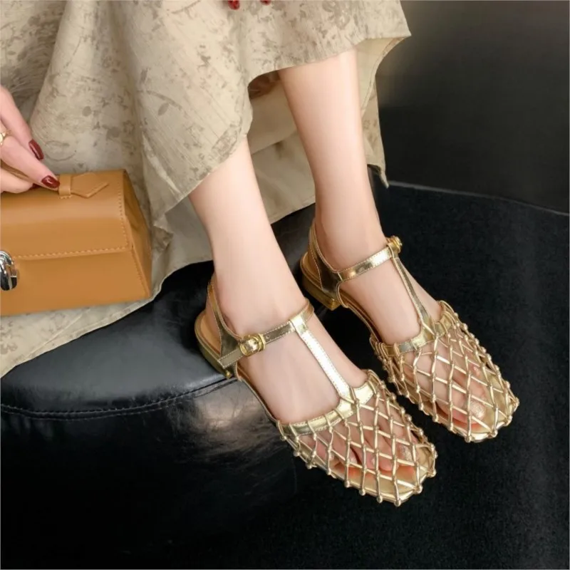 Cowhide Baotou Hollow T-strap Flat Sandals Mary Jane Shoes 2024 New High Quality Female Gold Silver Temperament Sandalias