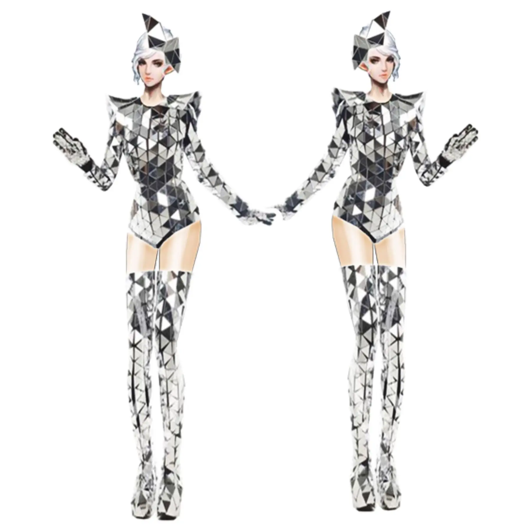 New European and American 2024 Summer runway show shrugging jumpsuit silver mirror fashion performance suit set