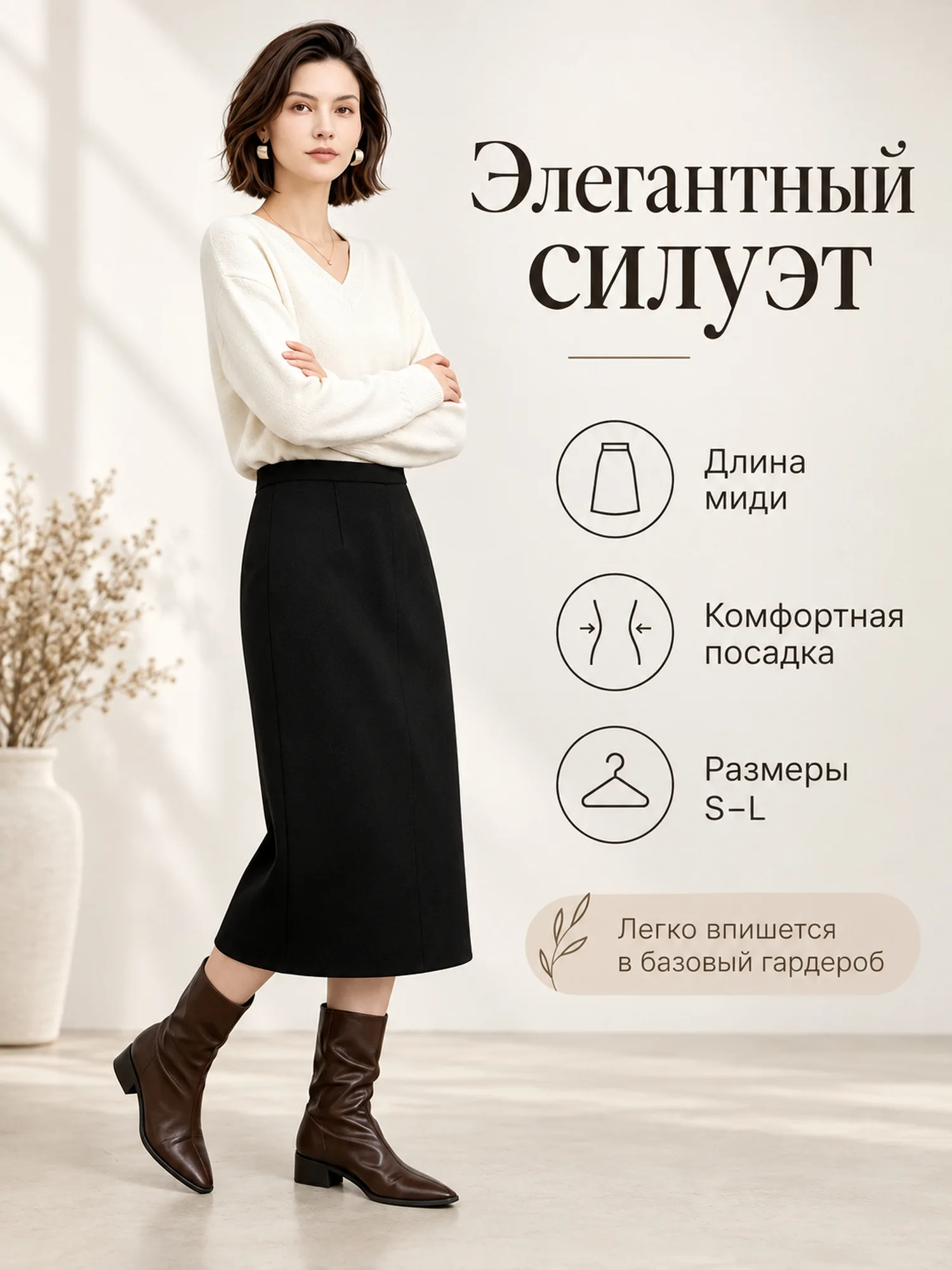 Women Black Wool Blend Straight Midi Skirt High Waist Elegant Office Casual Autumn Winter S M L