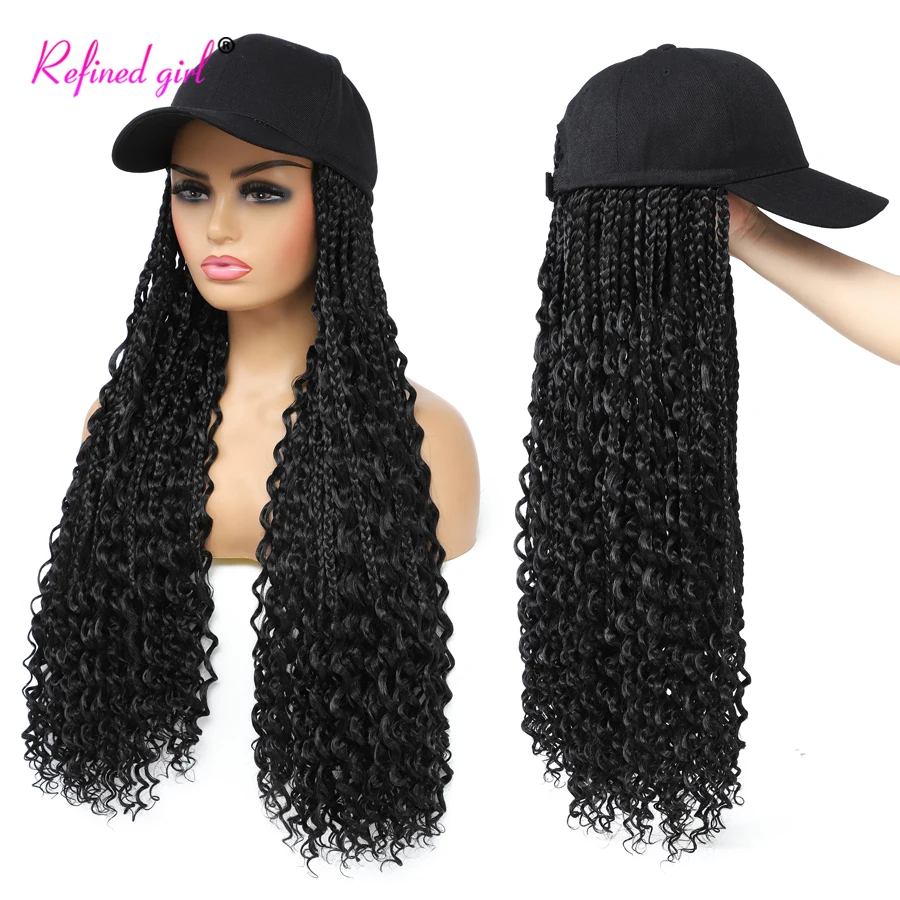 Hat Wig Baseball Cap With Braided Boho Box Braids Hair Extensions Attached For Women Synthetic Curly Ends Box Braid Cap Wig