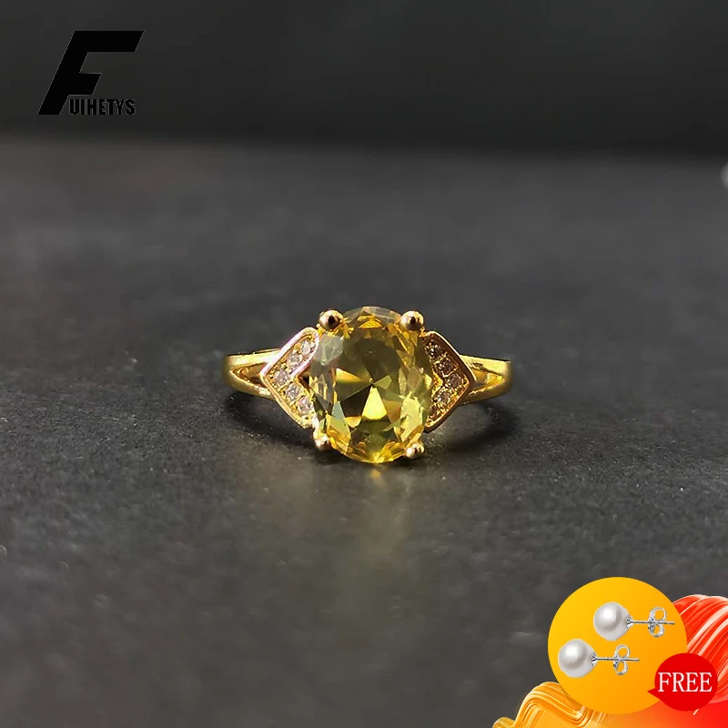 

925 Silver Jewelry Ring Oval Citrine Emerald Zircon Gemstone Gold Color Finger Rings Ornament for Women Wedding Engagement Party