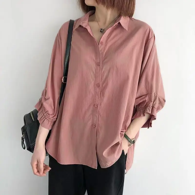 Einfarbiges Rüschenkanten-Laternenärmel-Oberteil mit Sieben-Viertel-Ärmeln Einreihiges Hemd Frühling Sommer Neue Koreanische Version Damen Locker Sitzende Übergrößen-Bluse – Detail 18