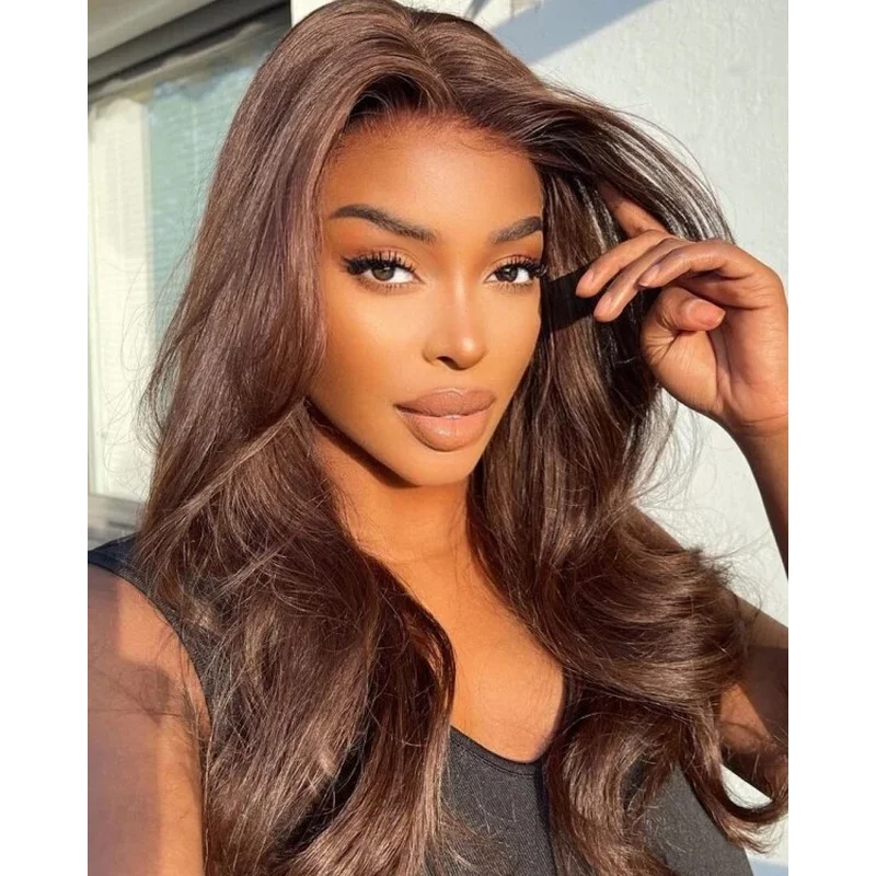 Brown Color Body Wave  Hair Lace Front Wig With Pre-plucked Long Wigs