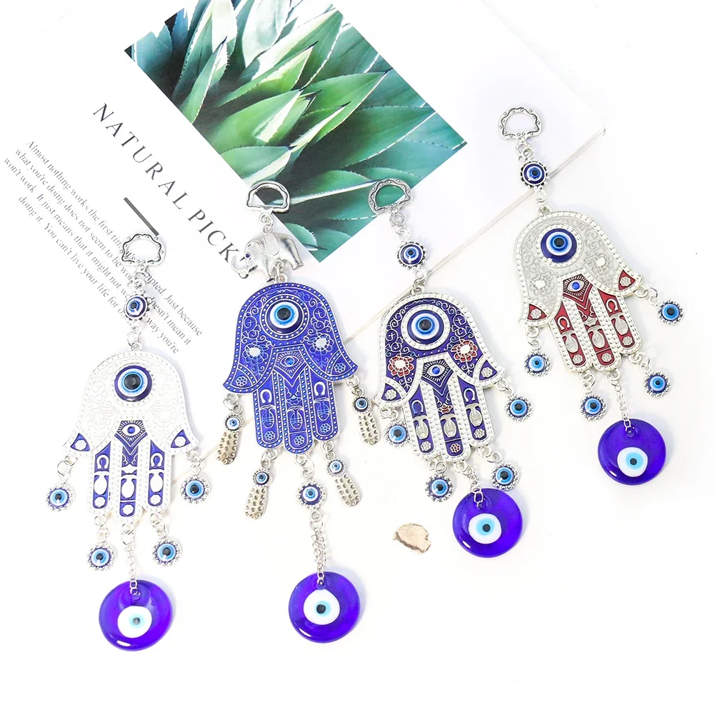 

Turkish Blue Eyes Boncuğu Hamsa Fatima Hands Palm Charms Pendant Metal Key Chain Muslim Amulet Mascot Dangle Car Hanging Decor