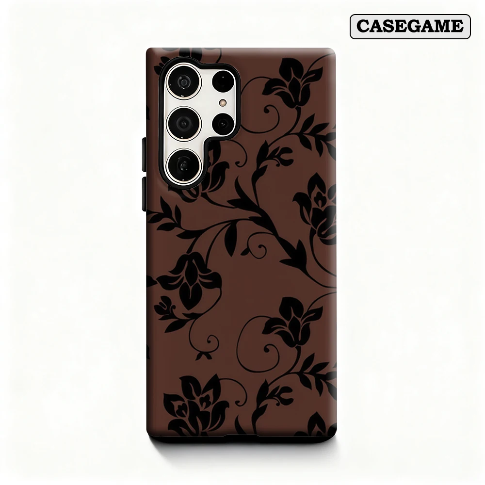Funda de teléfono con patrón de vid Floral marrón para Samsung Galaxy S25 Ultra S24 S23 Ultra Plus, funda trasera de doble capa a prueba de golpes