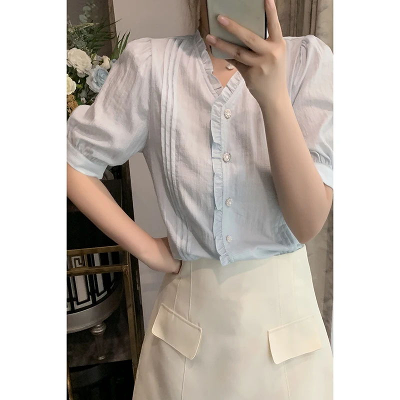 

Xuanxuan Bubble Sve V-Ne ort Sve irt Women's Summer mmet Top Pure Color Commute Sle Button Detail