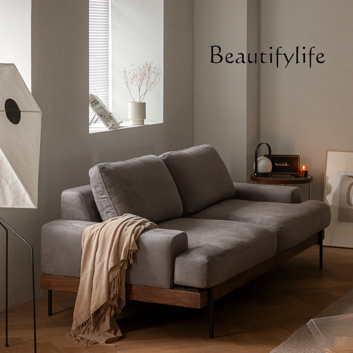 

Fabric Sofa Solid Wood Living Room Nordic Three-Seat Japanese Simple Removable and Washable Black Walnut Wooden Sofa