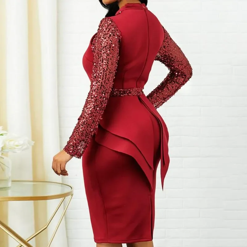 Casual Dresses Sequin Satin Ruffle Formal Dress Women Elegant Long Sleeve Waist Tight Party Workwear