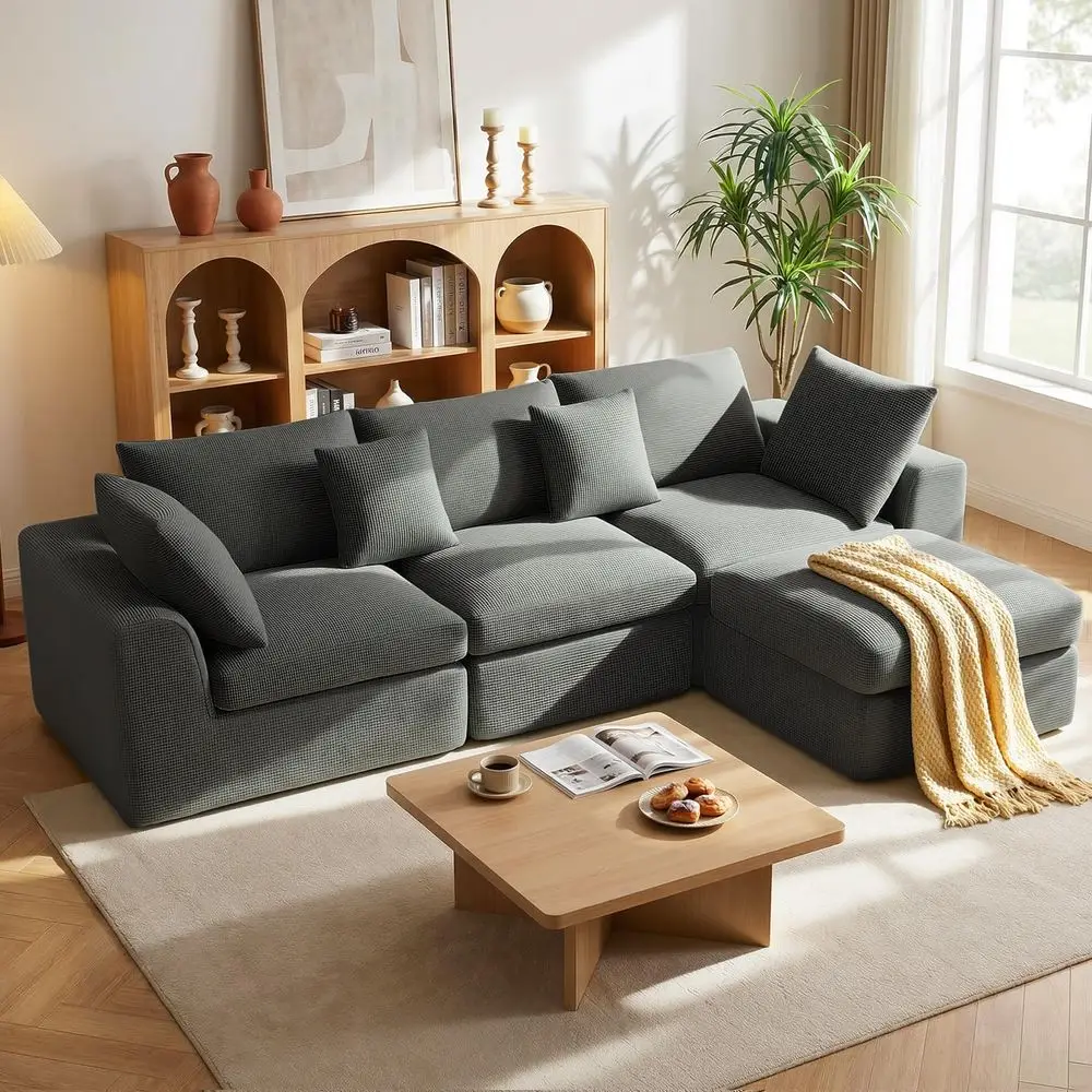 

110 Cloud Sectional Couches for Living Room, LShaped Convertible Sofa, 3Seat Modular Boneless Couch with Movable Ottoman, Darkg