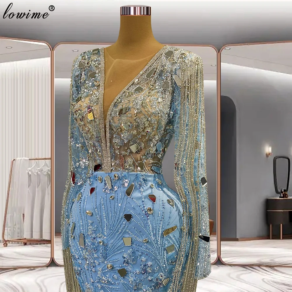 Sky Blue Mermaid Evening Dresses For Women Beaded Crystals Formal Occasion Dresses Robes De Soirée Long Sleeves Celebrity Dress