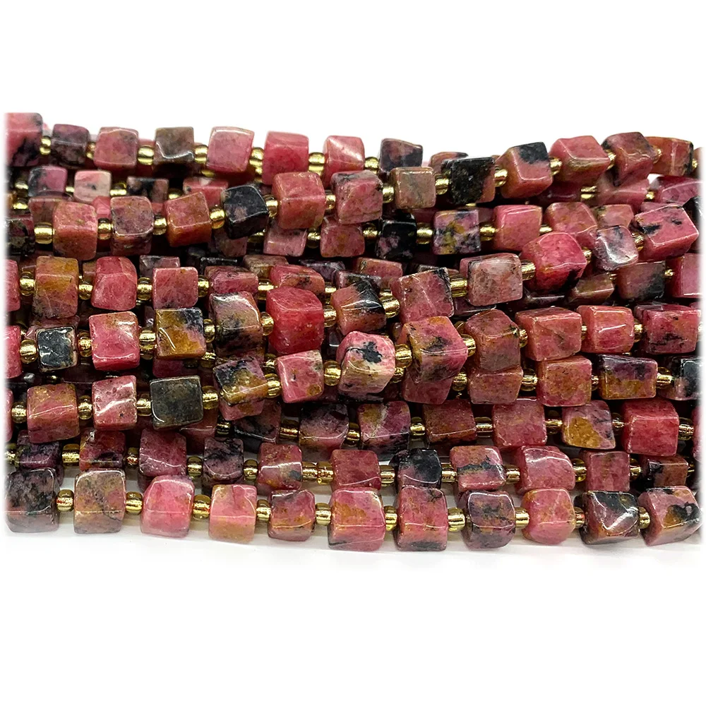 Veemake Natural South Africa Red Pink Rhodonite Rose Stone Free Form Cube Loose Beads For Jewelry Making 08276