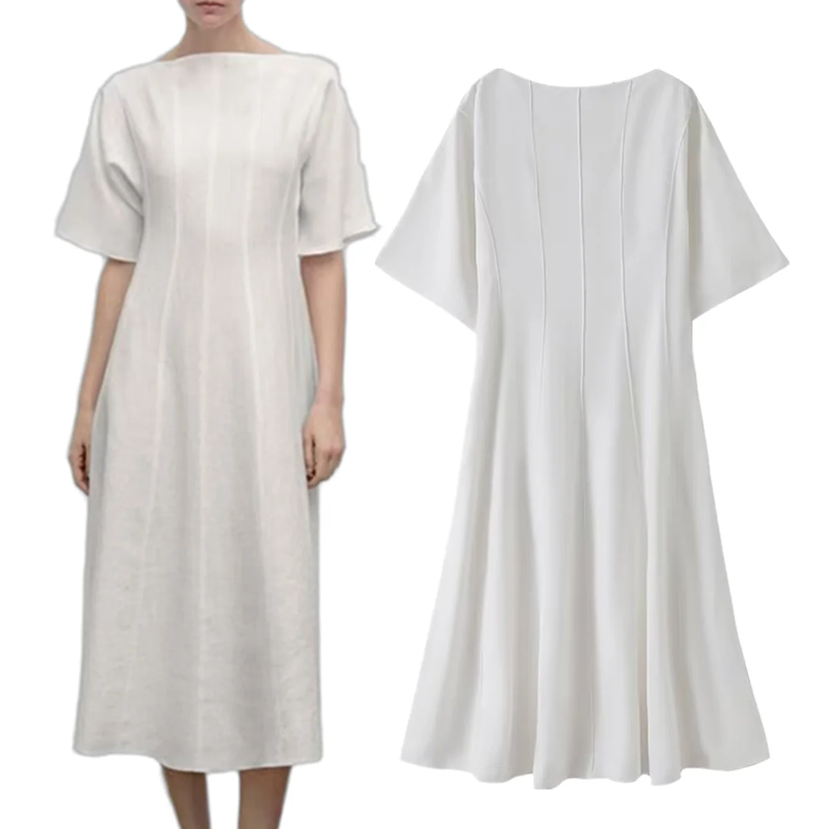 Welkenes minimalistisches Damen-Midikleid, französisches Baumwollleinen, Pendeln, lässiges