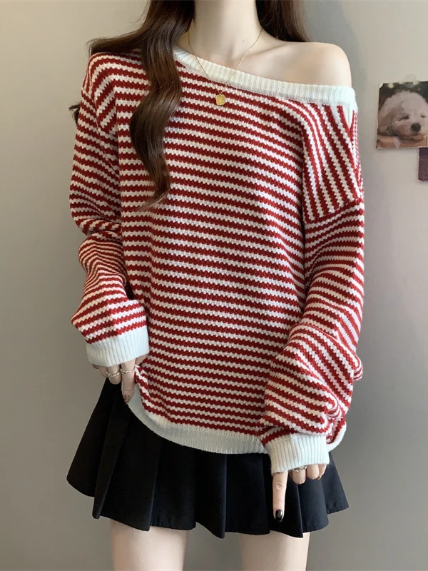 سترة محبوكة مخططة حمراء غير متناظرة للنساء فضفاضة تناسب غير رسمية Sle الكورية Faion با القوس عقدة