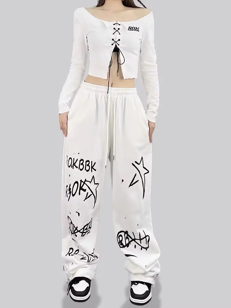 American street hip-hop calças femininas cintura alta personalidade carta impressão calças compridas 2025 verão nova moda y2k calças