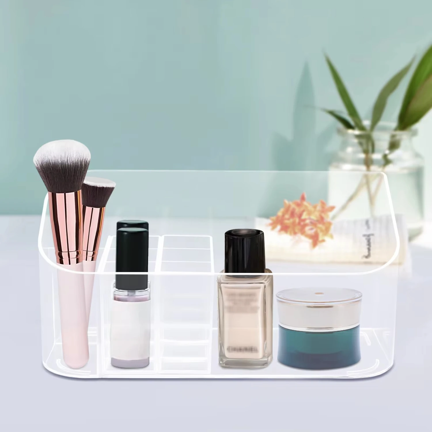 

New Crystal Clear Makeup Organizer Tray Bathroom Cabinet Cosmetic Tray Removable Dividers Lipgloss Organizer Makeup Display