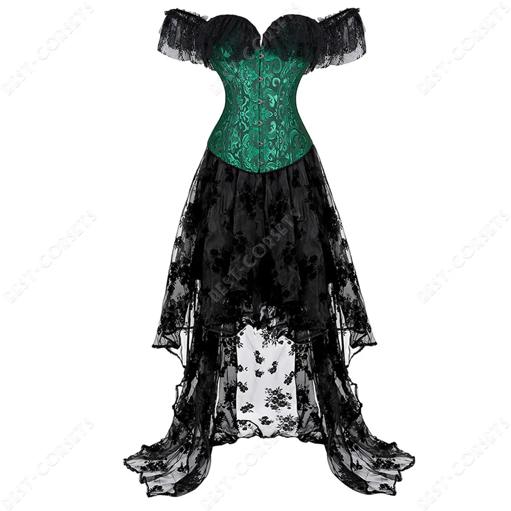 Victorian Corset Dress Costume Women Sexy Lace-Up Corset With Sleeves Floral Steampunk Corset Bustier Dress Plus Size