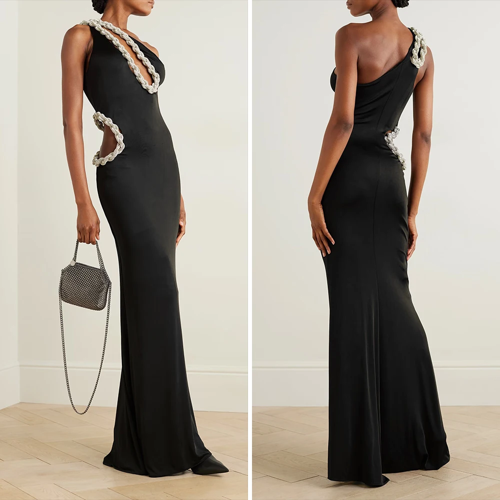 Luxe kristal gevlochten touw uitgesneden maxi-jurk mouwloos off-shoulder strass bodycon lange jurk cocktailparty