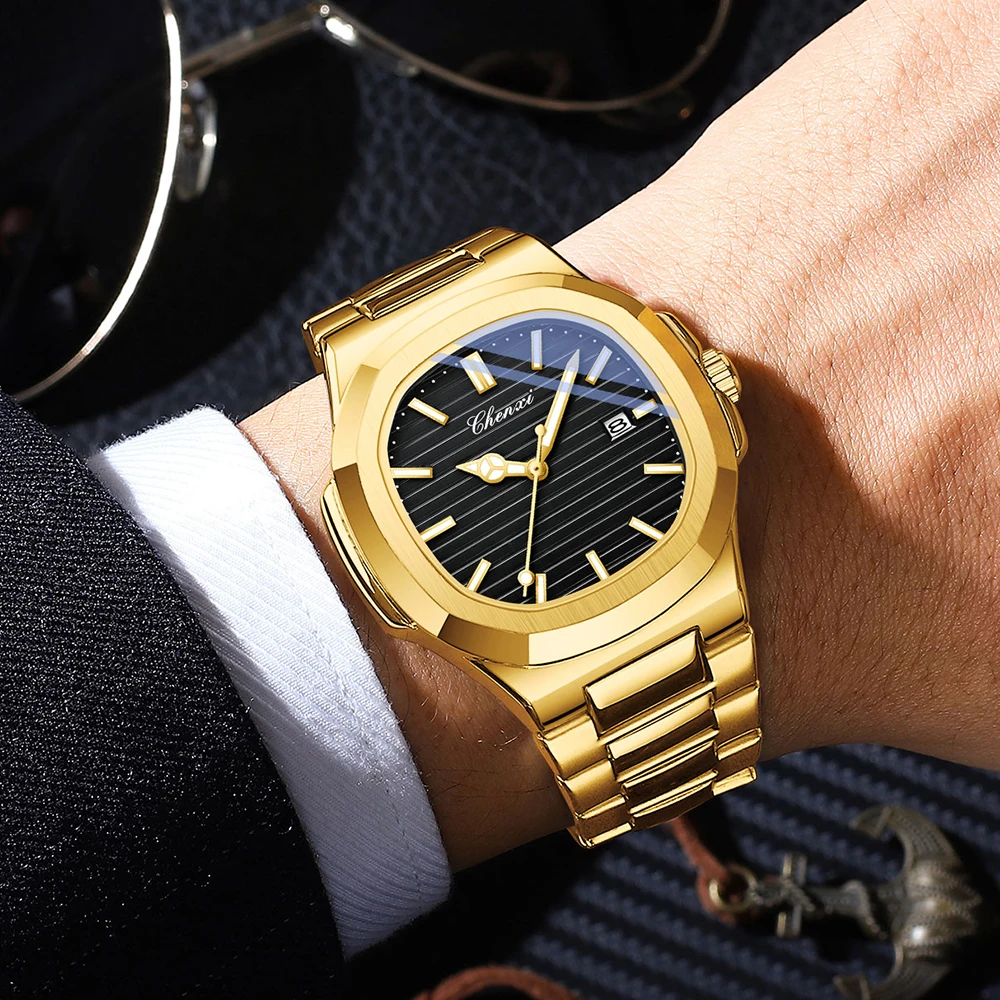 CHENXI Quartz Men Women Watches Golden Simple Steel Strip Couple Watch Night Light Waterproof Calendar Couples Wristwatches