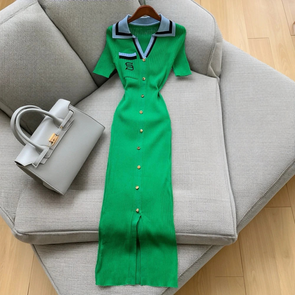 YuooMuoo Ins Hot Sexy Wickelkleid mit Schlitz, gestrickt, langes Kleid, Frühling/Sommer, Umlegekragen, schmal geschnitten, elastisch, figurbetont, Partykleid, Outfits