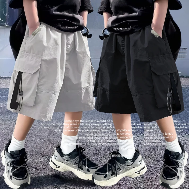 Summer Cool Teen Boys Short Pants Loose Style Casual Big Pocket Mid-length Shorts For 4-14 Years Kids Bermuda Trousers