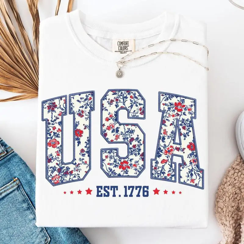 

Comfort Colors Women's 4th of July Outfit Shirt - Floral USA Print, 100% Cotton, Relaxed Fit, Summer Top, All Seasons Wear