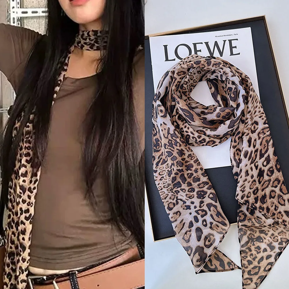 ليوبارد صغير طويل وشاح حريري المرأة الشيفون حزام شتاء دافئ يندبروف Y2k غير النظامية وشاح النفايات العالم الشرير لحزب ملهى ليلي