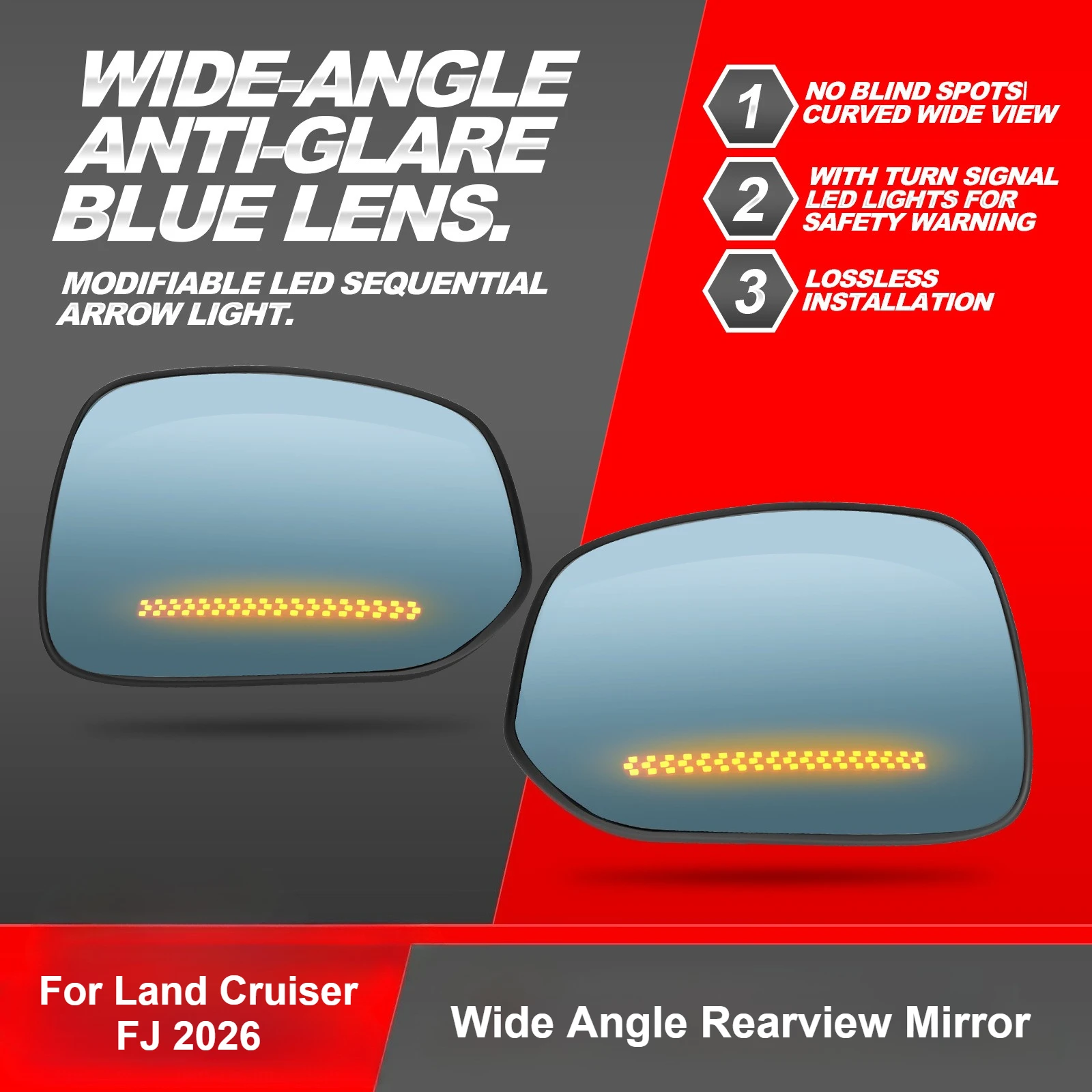 Car Rearview Mirror Wide Angle HD Anti-glare Heating Blue Mirror Side Mirror Turn Signal Blinker For Toyota Land Cruiser FJ 2026