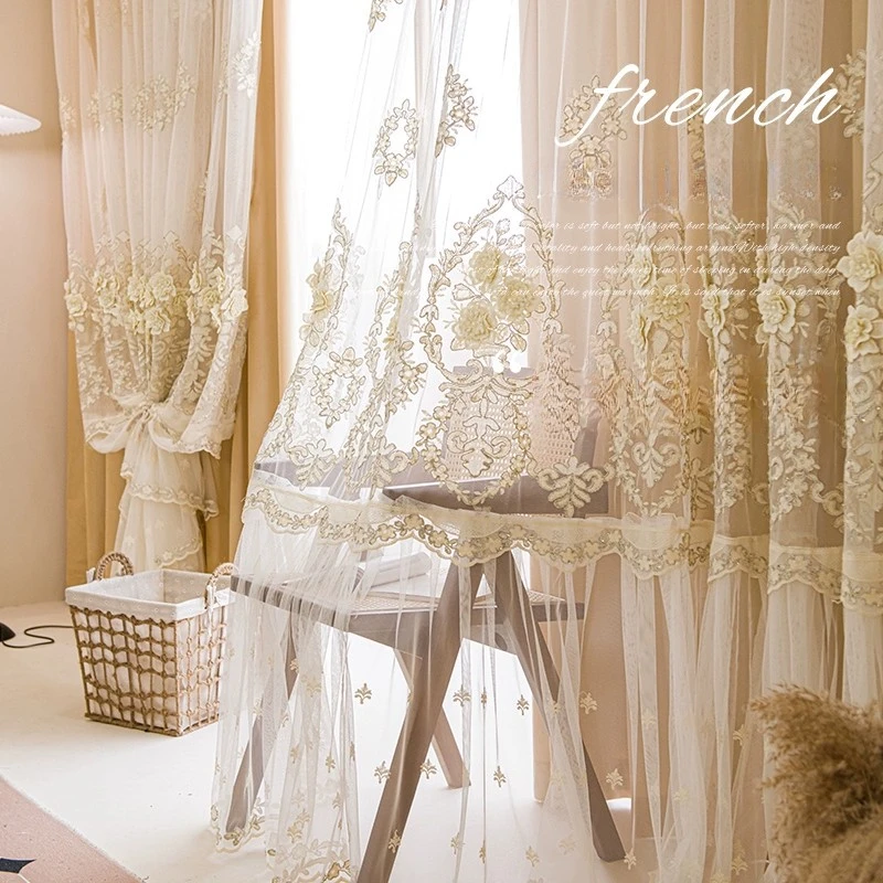 French New Double-layer Embossed Lace Gauze Curtains for Living Room Bedroom Green Milk Tea Luxury High-end Korean Style Custom