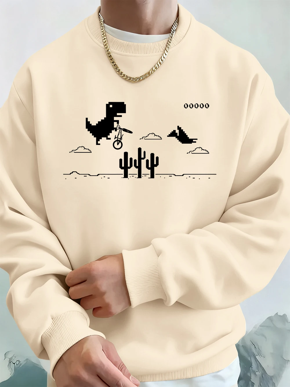 

Мужская толстовка с принтом динозавров поверх кактуса, осенние толстовки с круглым вырезом, базовые флисовые теплые свободные пуловеры, корейская мужская одежда